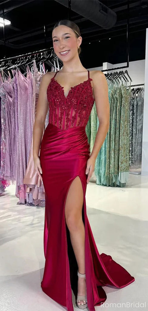 Sexy Red Spaghetti Strap Mermaid Long Prom Dress Ideas, Evening Party Dresses, OLP1572