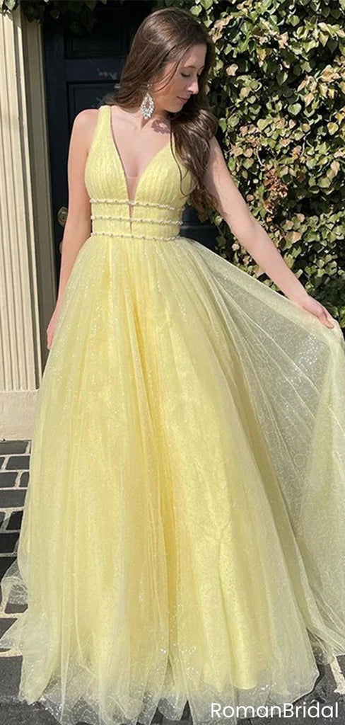 Modern Yellow Sparkle Tulle Evening Gown with Deep V-Neck,OLP1866