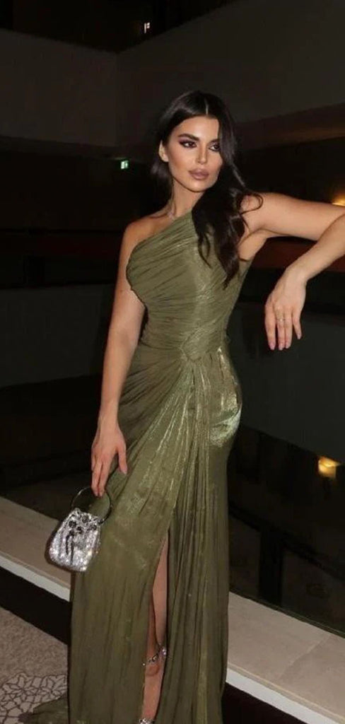 Elegant Green One-Shoulder Mermaid Side Slit Long Prom Dress Ideas, Evening Party Dresses, OLP1249