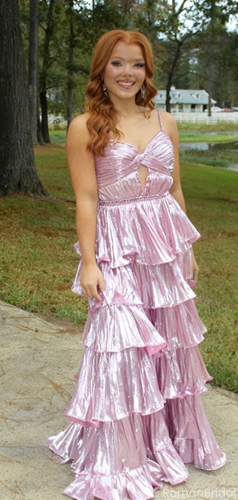 Unique Pink Spaghetti Strap A-Line Long Prom Dress Ideas, Evening Party Dresses, OLP1435