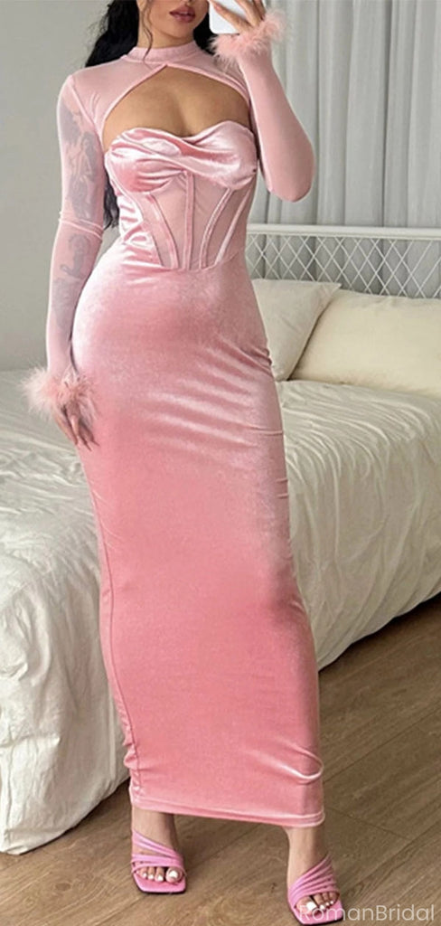 Sexy Pink Velvet Long Sleeve Mermaid Long Prom Dress Ideas, Evening Party Dresses, OLP1398
