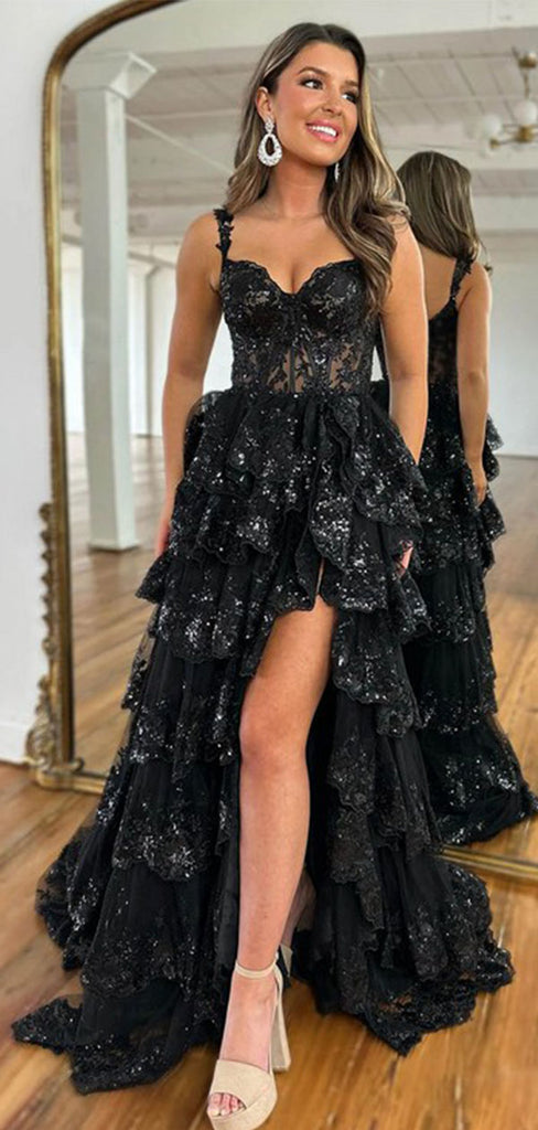 Sexy Black Spaghetti Strap High Low Long Prom Dress Ideas, Evening Party Dresses , OLP1233