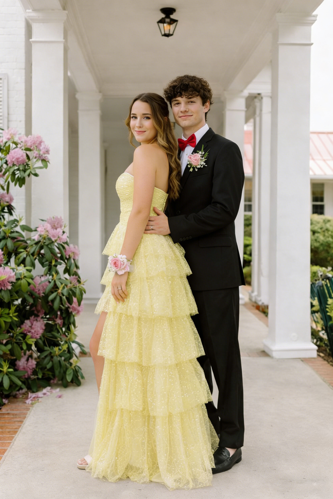 Sparkly Yellow Prom Gown Tiered Sequin Tulle Slit Sweetheart Formal Dress,OLP2167