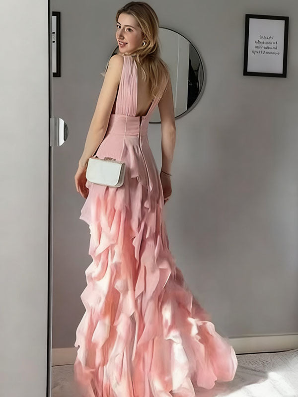 Sexy Pink V-Neck High Low Long Prom Dress Ideas, Evening Party Dresses, OLP1459