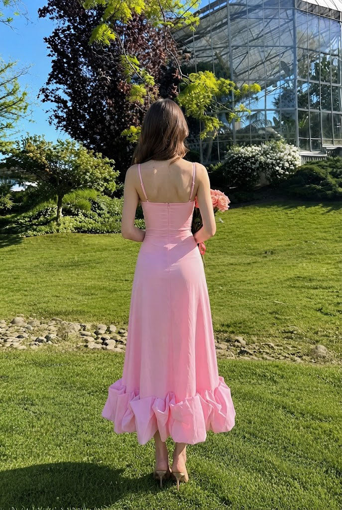 Charming Pink Spaghetti Strap A-Line Ruffle Midi Prom Dress,OLP2375