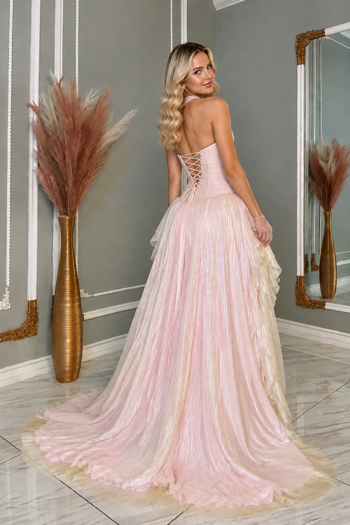 Glamorous Pink Metallic Shimmer Prom Dress Corset High Low Party Gown,OLP2457