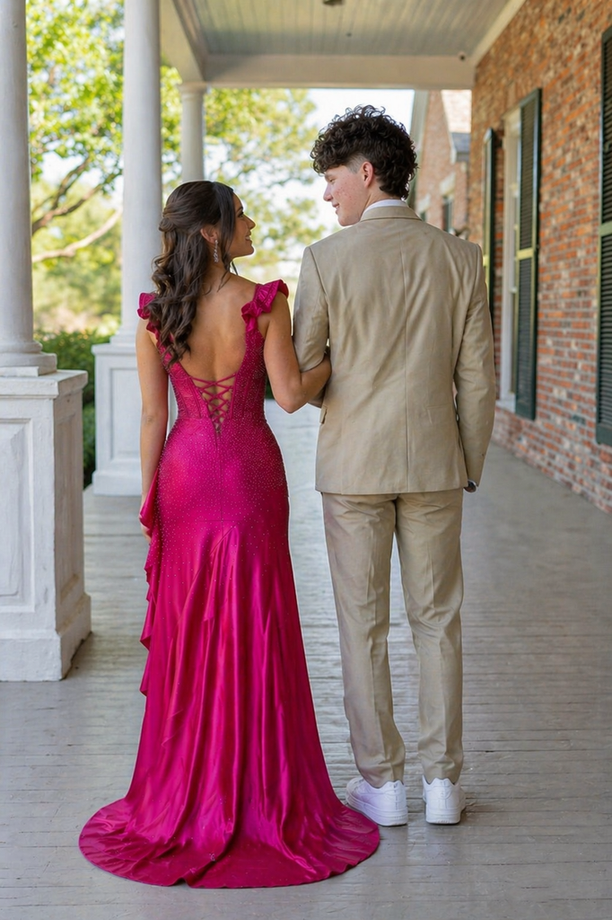 Sparkly Fuchsia Sequin High-Low Prom Dress with Ruffles,OLP2228