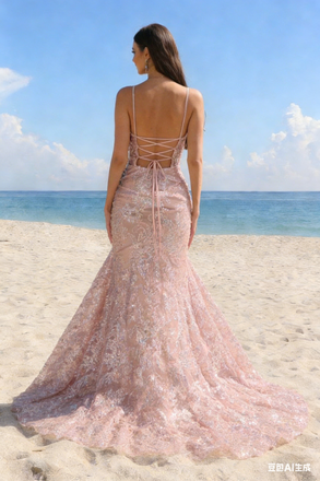 Elegant Pink Mermaid Prom Gown Lace Applique Sheer Corset Bodice Sparkling Beach Party,OLP1737
