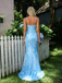 Unique Light Blue Floral Prom Dress Sequin Lace Sleeveless Bodycon Party Gown,OLP1766