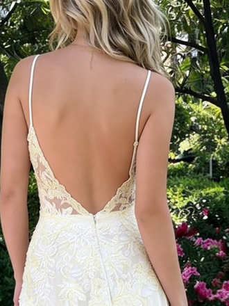 Fancy Ivory Lace Prom Gown Deep V-Neck Sleeveless Applique Chiffon Formal Dress,OLP1848