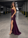 Sexy Purple One Shoulder High Slit Mermaid Long Satin Prom Dress,OLP2468