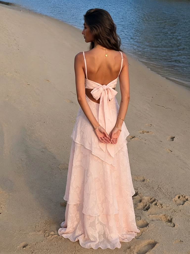 Classy Blush Pink V-Neck Spaghetti Strap Long Prom Dress with Textured Lace,OLP2371