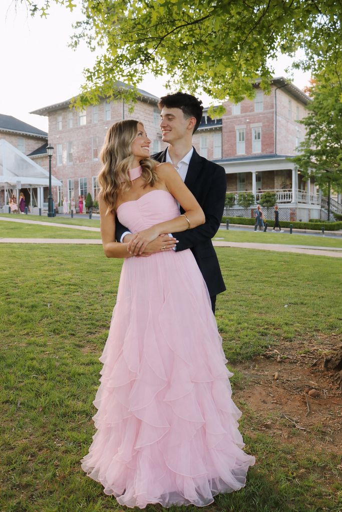 Elegant Blush Pink Tulle Prom Gown Halter Choker Neck Tiered Layered Skirt,OLP2113
