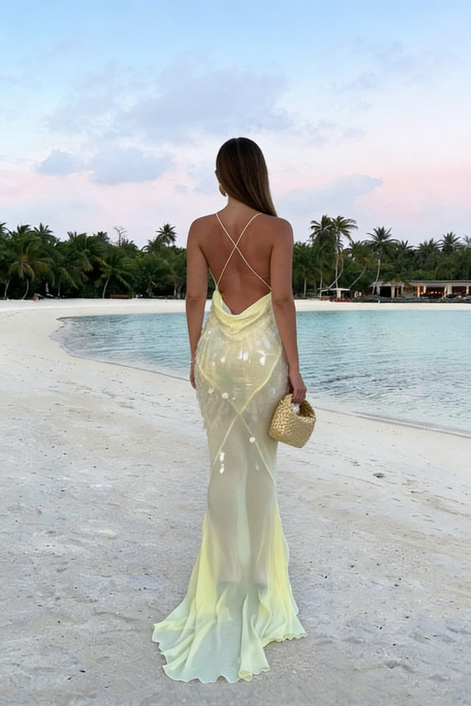 Shimmering Sequin V Neck Sheath Prom Gown Elegant Light Yellow High Slit Slit Gown,OLP2138