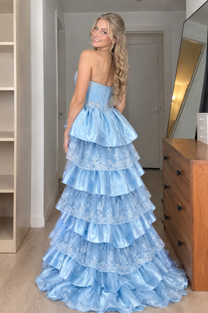Unique Ice Blue Strapless Beaded Lace Ruffled Tiered Prom Dress,OLP252