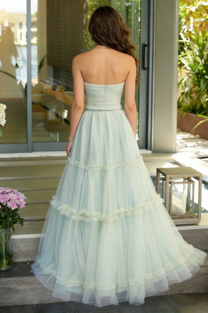 Elegant Strapless Mint Green Tulle Ball Gown Tiered Ruffle Prom Dress,OLP2141