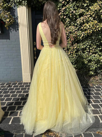 Modern Yellow Sparkle Tulle Evening Gown with Deep V-Neck,OLP1866