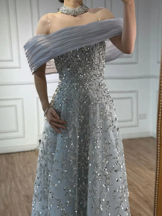 Elegant Blue Off-Shoulder Mermaid Long Prom Dress Ideas, Evening Party Dresses, OLP1559