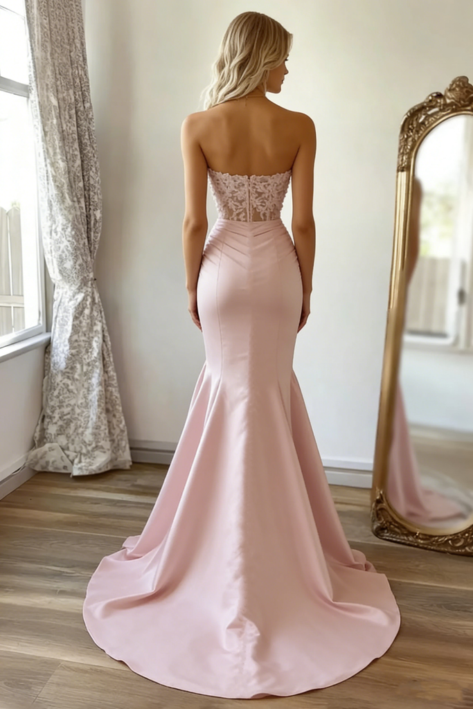 Sexy Blush Pink Satin Mermaid Prom Dress Strapless Ruched Party Gown,OLP1787