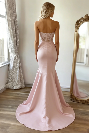 Sexy Blush Pink Satin Mermaid Prom Dress Strapless Ruched Party Gown,OLP1787