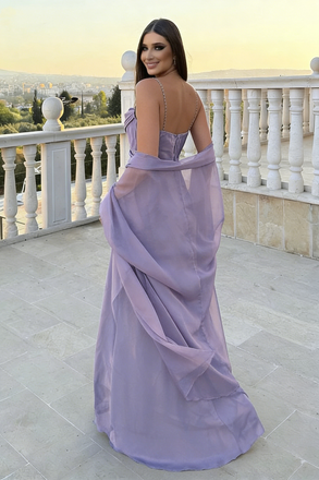 Classy Lavender Cowl Neck Satin Prom Dress Sheer Wrap,OLP2098