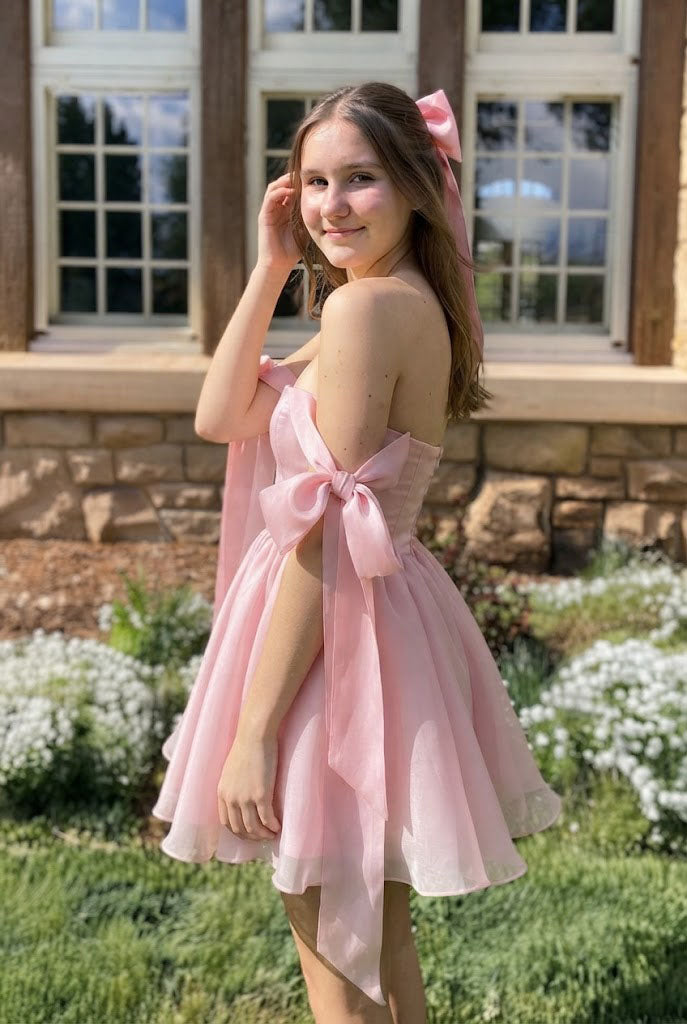Cute Strapless Pink Organza Homecoming Dress with Bows Pretty Mini Party Gown,HD1293