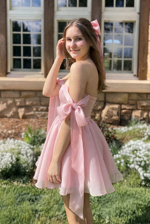 Cute Strapless Pink Organza Homecoming Dress with Bows Pretty Mini Party Gown,HD1293