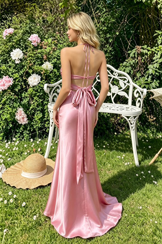 Pink Vintage Halter Mermaid Prom Dress with Unique Twisted Top,OLP2186