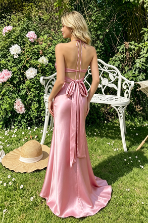 Pink Vintage Halter Mermaid Prom Dress with Unique Twisted Top,OLP2186