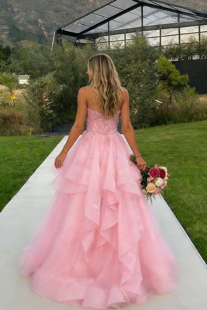 Unique Pink Tiered Tulle Ball Gown Strapless Applique Formal Prom Dress,OLP1802