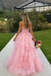 Unique Pink Tiered Tulle Ball Gown Strapless Applique Formal Prom Dress,OLP1802