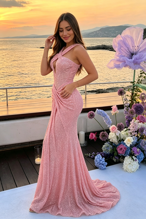 Classy Pink Sequin Mermaid Prom Dress Beautiful Crisscross Neck Gown,OLP2333
