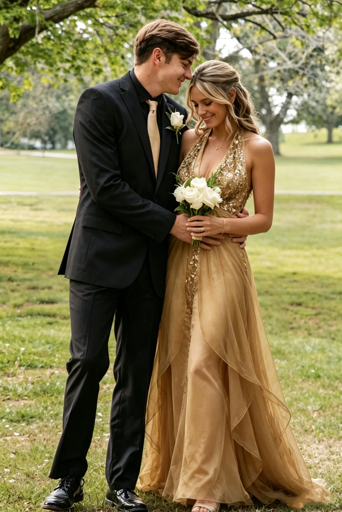 Classy Gold Sequined Halter Prom Dress Unique Backless A Line Formal Gown,OLP2279
