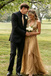 Classy Gold Sequined Halter Prom Dress Unique Backless A Line Formal Gown,OLP2279