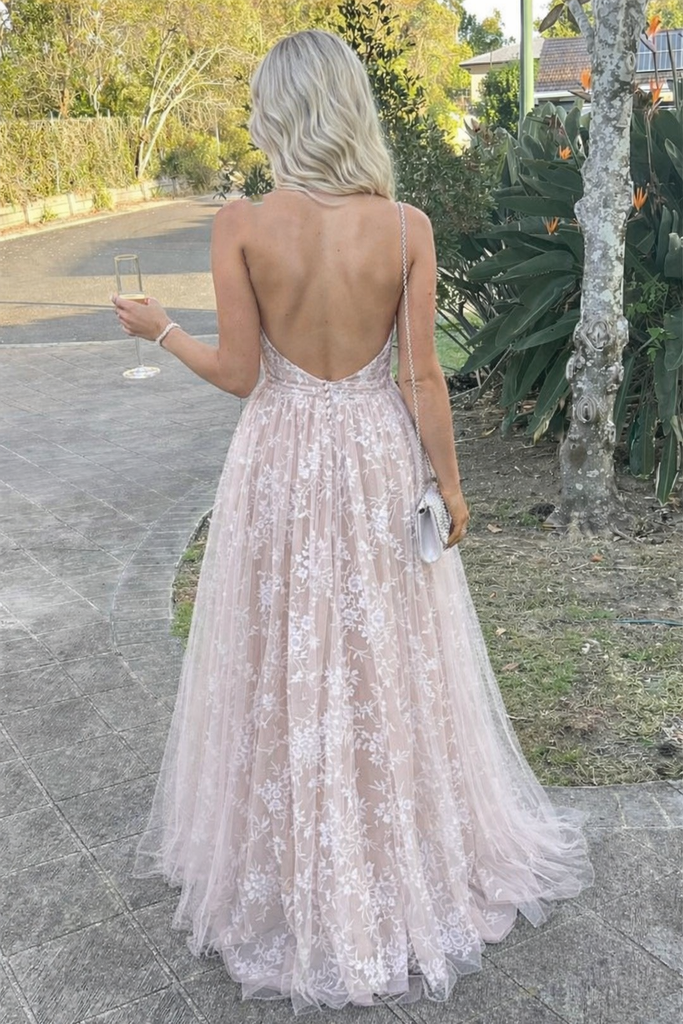 Sexy Deep V-Neck Floral Lace A-Line Prom Gown in Pink Tulle Backless Style,OLP1884