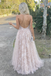 Sexy Deep V-Neck Floral Lace A-Line Prom Gown in Pink Tulle Backless Style,OLP1884