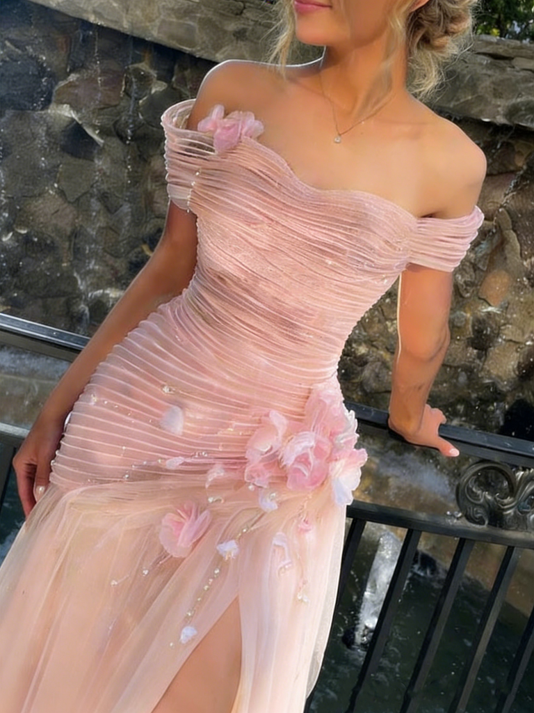 Unique Off-Shoulder Ruched Tulle Prom Dress with Floral Appliques,OLP1808