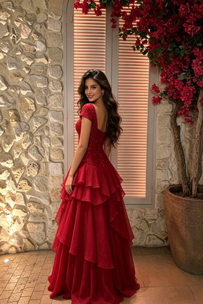 Sexy Red Sparkly Prom Dress Cap Sleeve Sequined Bodice Ruffled Chiffon Skirt,OLP2249