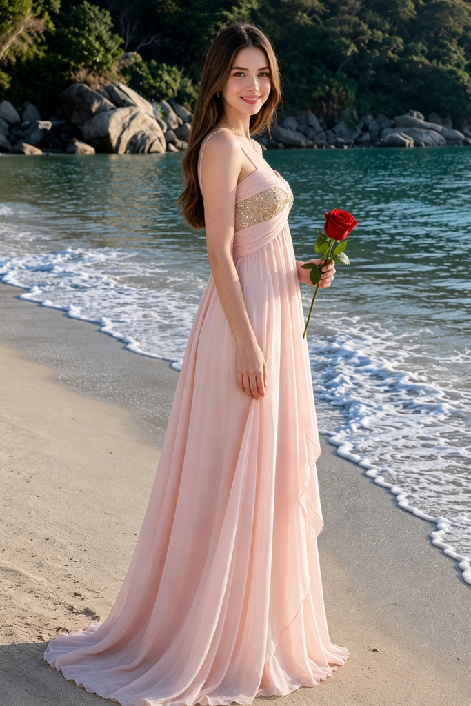 Elegant Pink A Line Chiffon Prom Dress Fancy Gold Embellished Bodice Maxi Dress,OLP2287