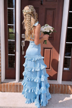 Pretty Ruffled Tiered Light Blue Prom Dress V-Neck Sleeveless Party Gown,OLP1818