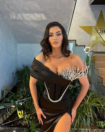 Sexy Black Off-Shoulder Mermaid Side Slit Long Prom Dress Ideas, Evening Party Dresses, OLP1610