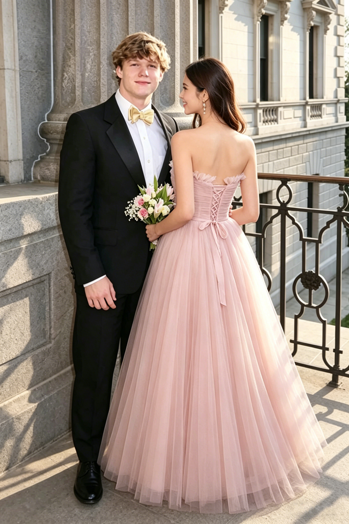 Classy Pink Pleated Tulle Prom Dress Strapless A Line Floor Length Gown,OLP2201