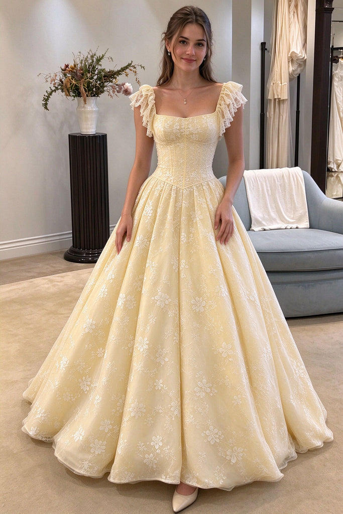 Classy Yellow Lace Flutter Sleeve A-Line Prom Dress,OLP2450