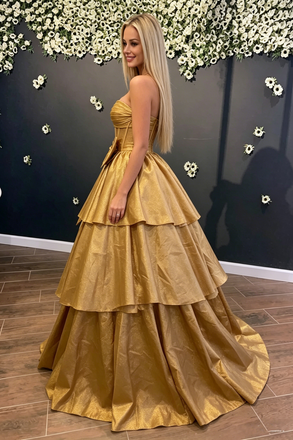 Unique Strapless Corset Gold Pleated Ruffled Gown with Big Bow for Prom,OLP2208