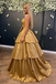 Unique Strapless Corset Gold Pleated Ruffled Gown with Big Bow for Prom,OLP2208