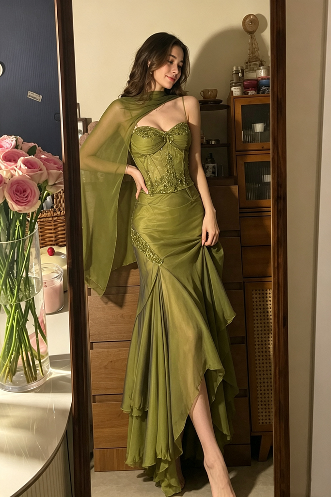 Sexy Olive Green Mermaid Prom Dress Sweetheart Neck Sleeveless Beaded Gown,OLP2353