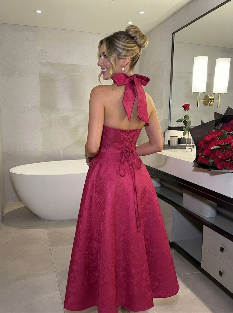Elegant Hot Pink Halter Neck Midi Prom Dress Structured Bodice Floral Jacquard Fabric,OLP2337