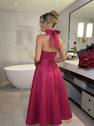 Elegant Hot Pink Halter Neck Midi Prom Dress Structured Bodice Floral Jacquard Fabric,OLP2337