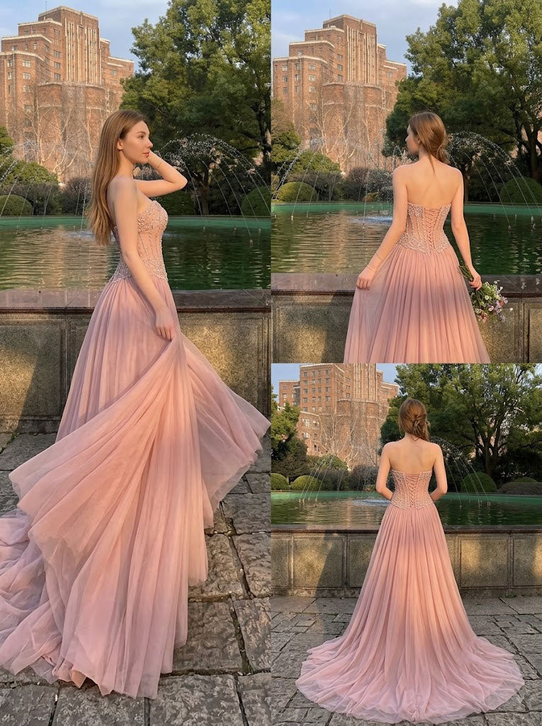 Elegant Blush Pink Strapless Prom Dress Unique Sequin Bodice Flowy Gown,OLP2296
