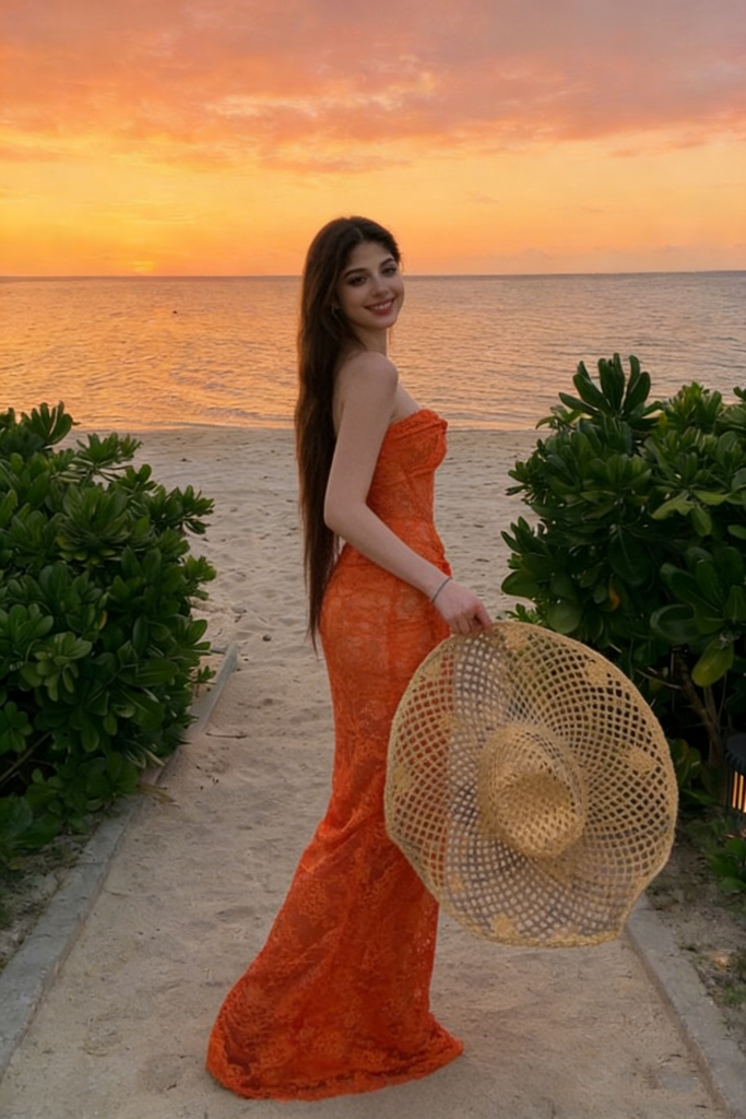 Unique Orange Lace Mermaid Prom Dress Strapless Illusion Beach Event Gown,OLP2125